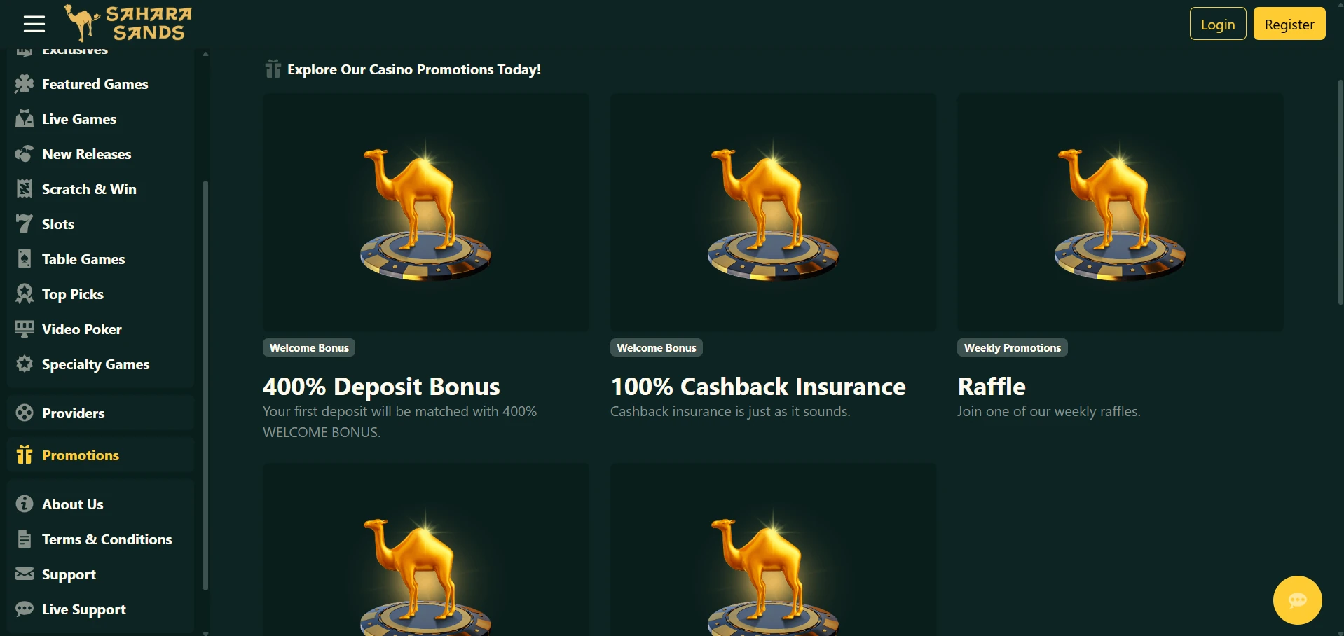 Sahara Sands promotions page with the 400% Deposit Bonus, 100% Cashback Insurance and weekly Raffle cards
