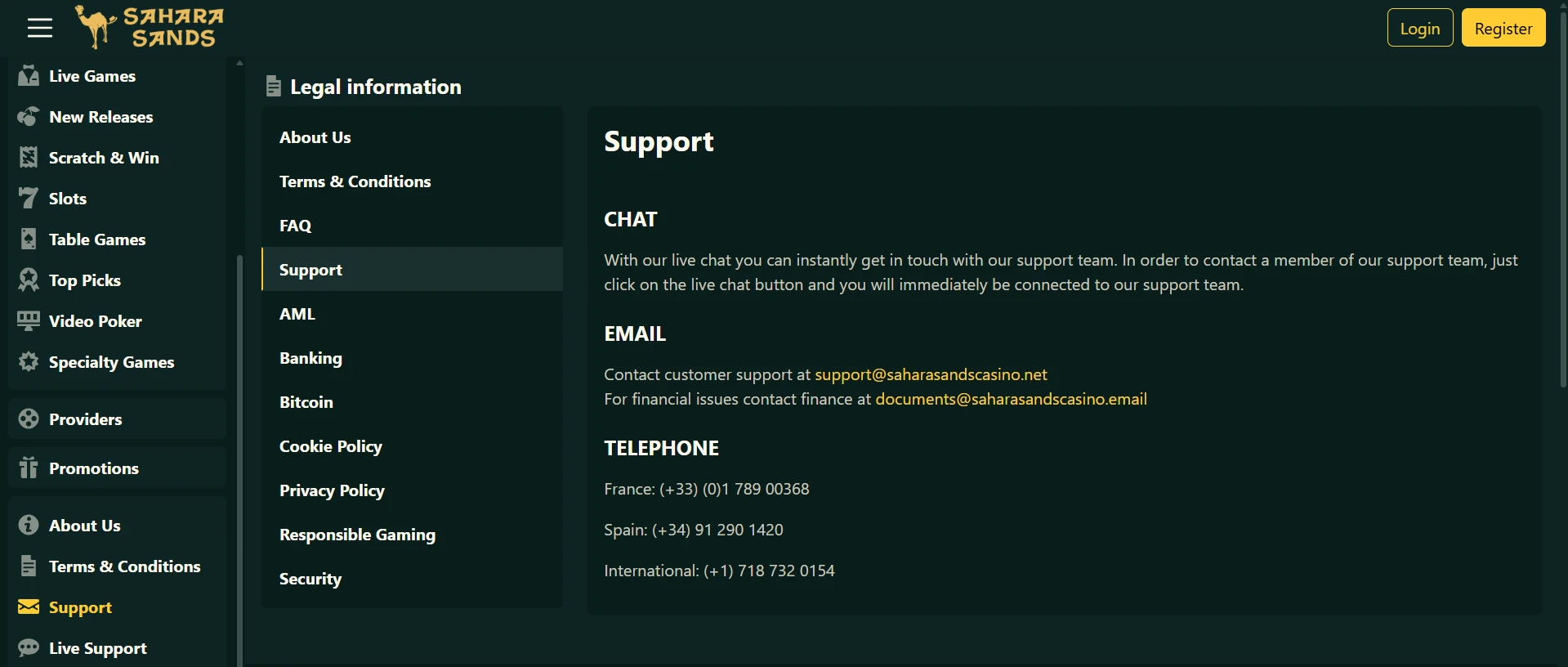 Sahara Sands Support page listing live chat, the support and finance email addresses and phone lines
