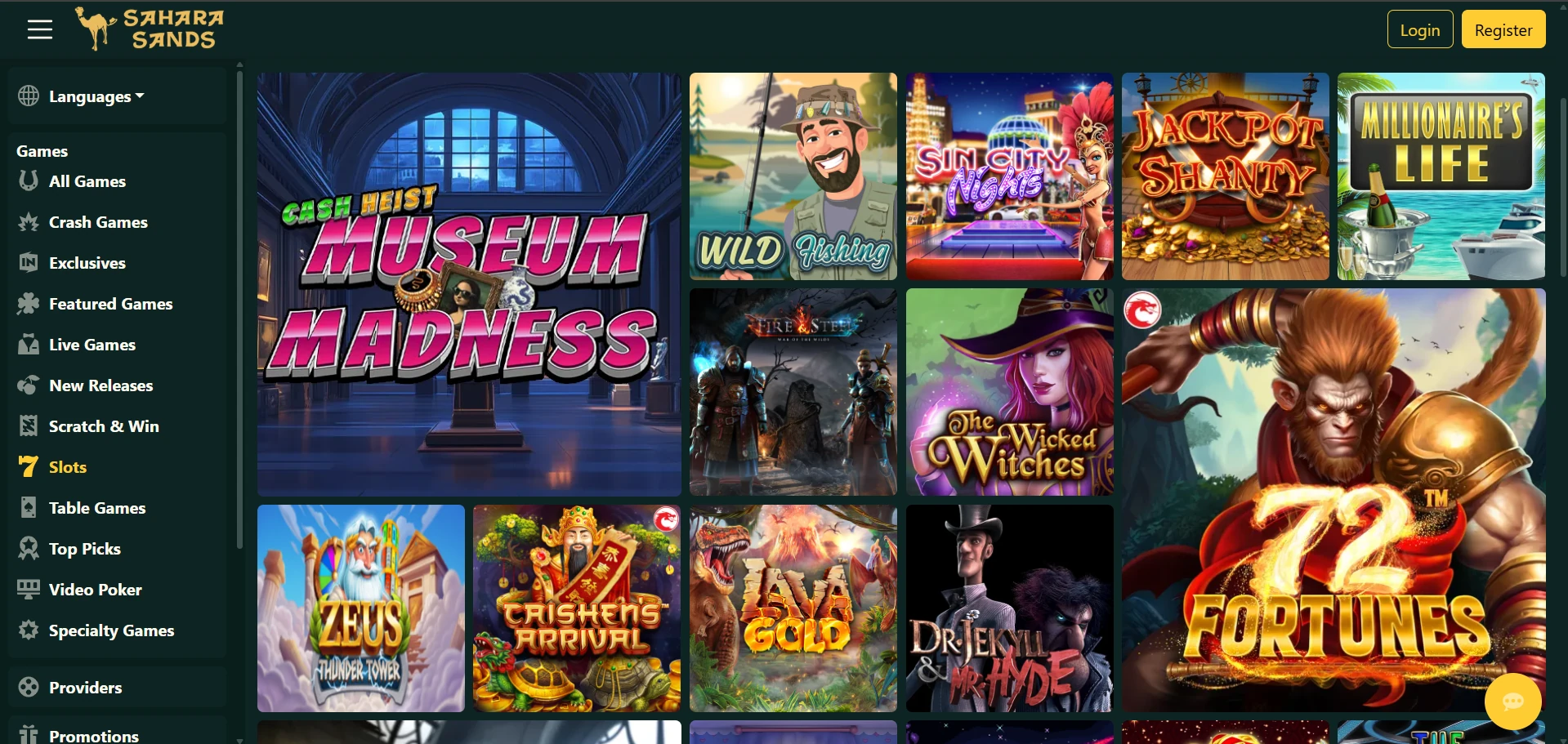 Sahara Sands slots lobby with Cash Heist Museum Madness, Sin City Nights and Dr. Jekyll & Mr. Hyde tiles