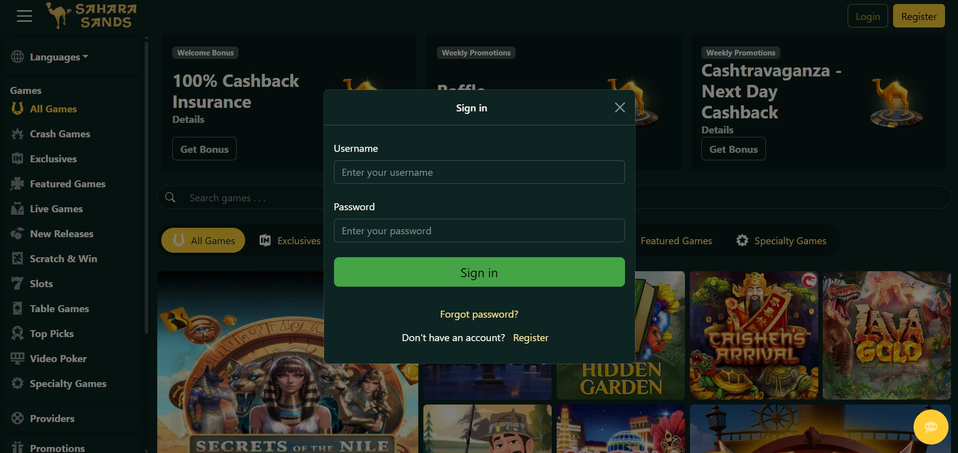 Sahara Sands Sign in window with Username and Password fields, a green Sign in button and a Forgot password link