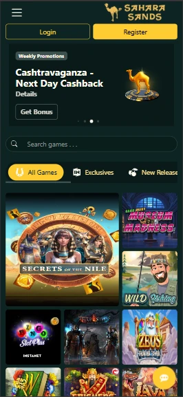 Sahara Sands mobile site with Login and Register buttons, a weekly promotion banner, game search and the lobby grid