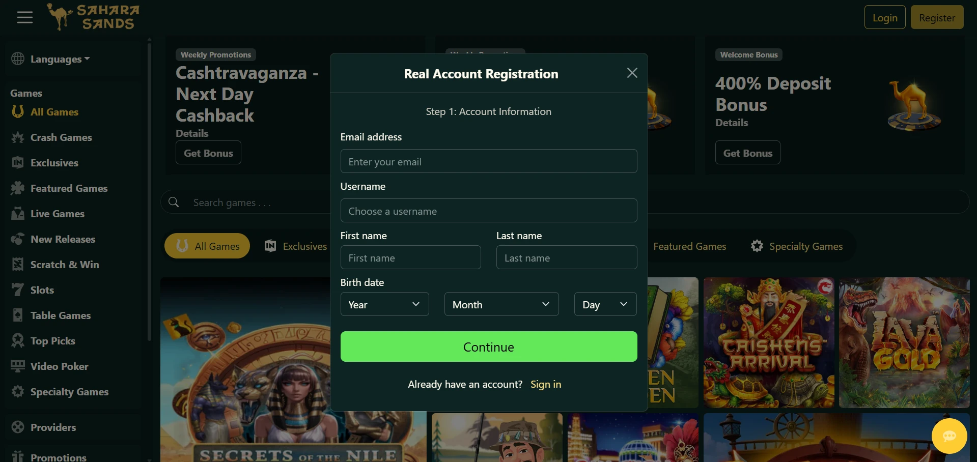 Sahara Sands Real Account Registration form, step one